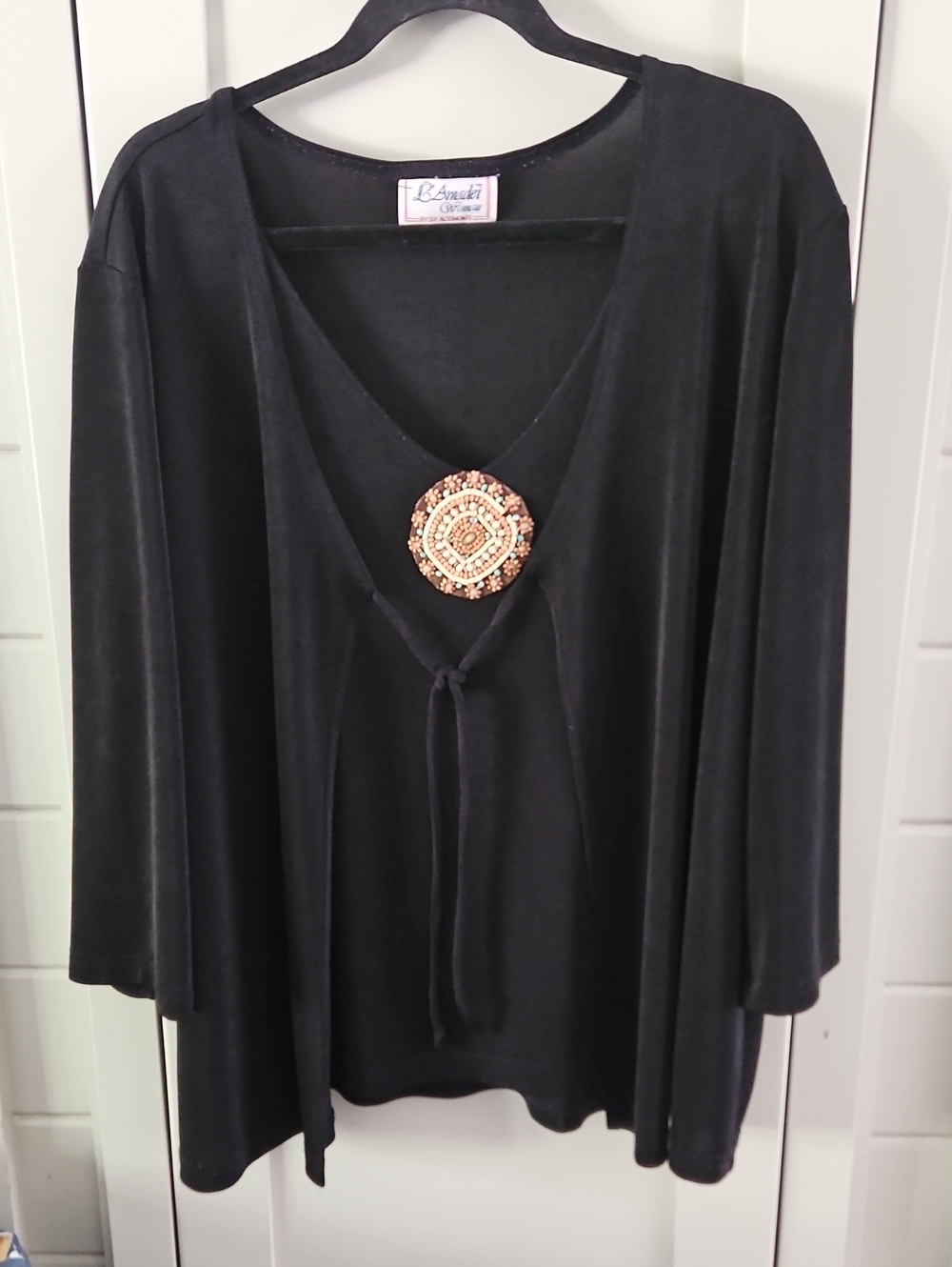 Vintage Non Wrinkle Stretch Black Fooler Blouse with Beaded Embellishment Sz XL